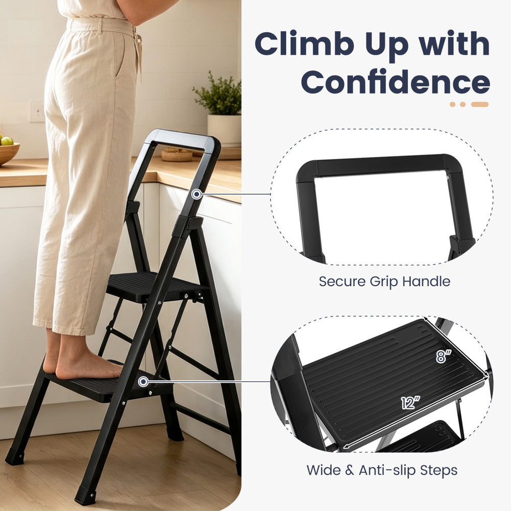 Two-step black folding step stool features wide anti-slip pedals and a secure grip handle for safe climbing.