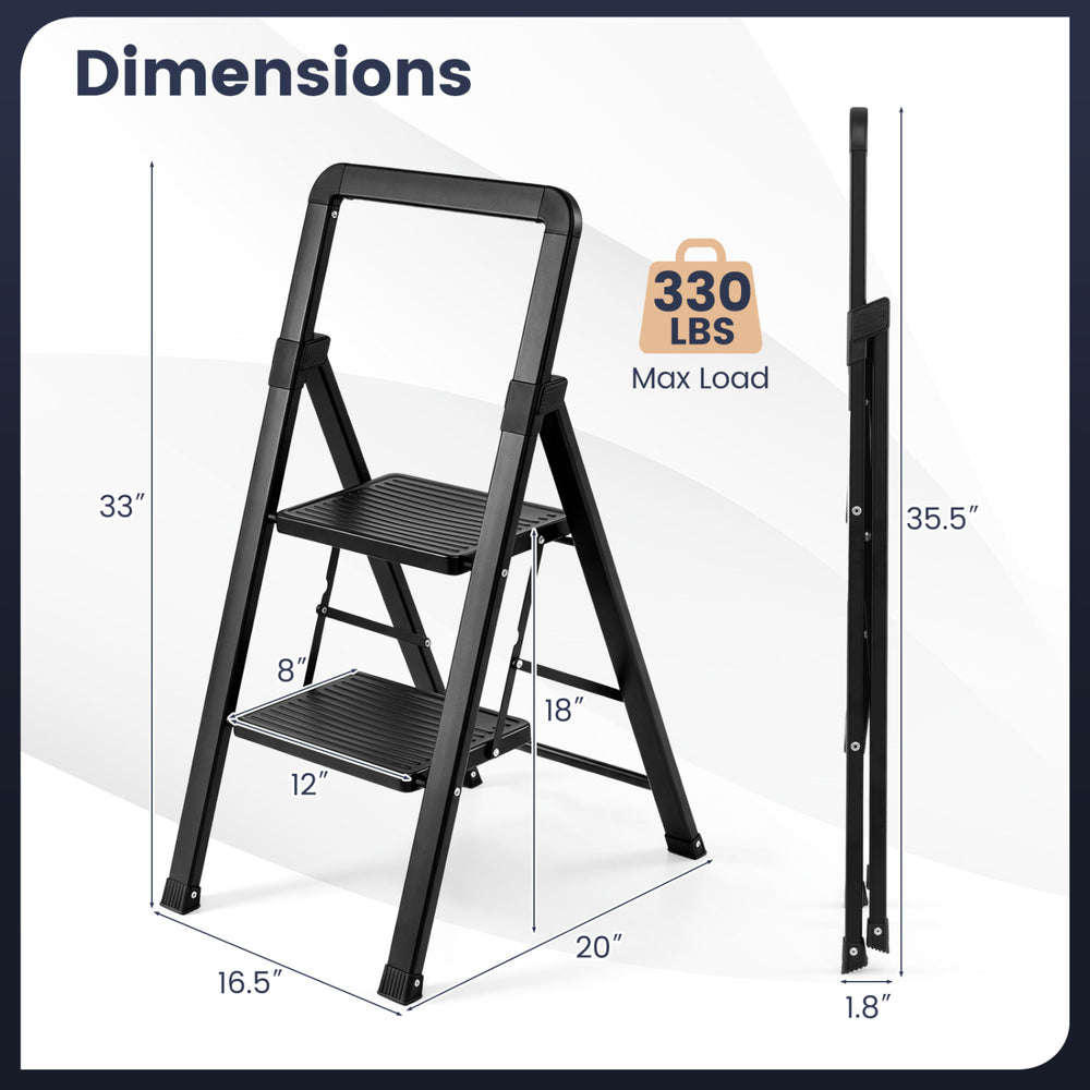 2-step black folding step stool features wide anti-slip pedals and a robust metal frame, ideal for safe climbing.