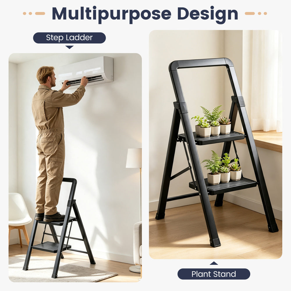 Folding 2-step black stool with wide anti-slip pedals, ideal as a step ladder or plant stand for versatile use.