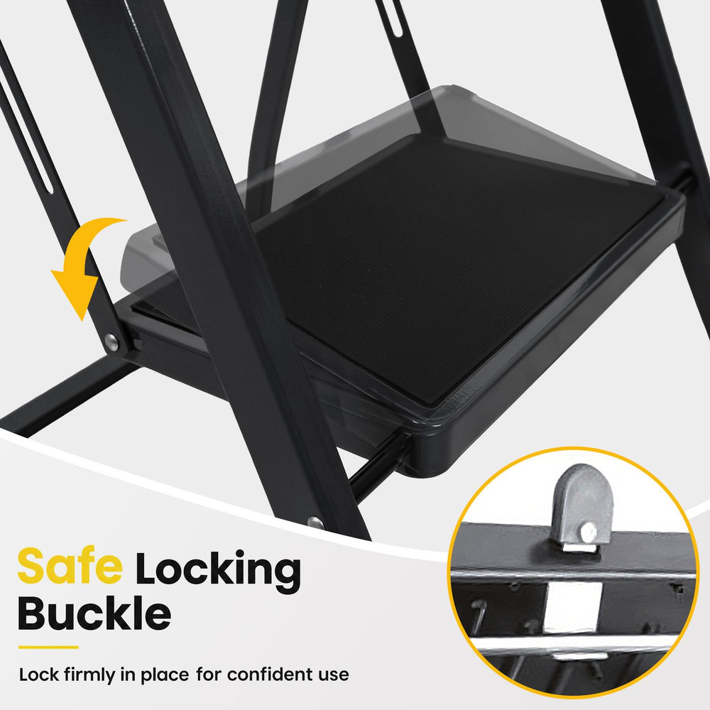 Safe locking buckle on the 2-step folding ladder ensures secure use, featuring wide anti-slip pedals for stability.