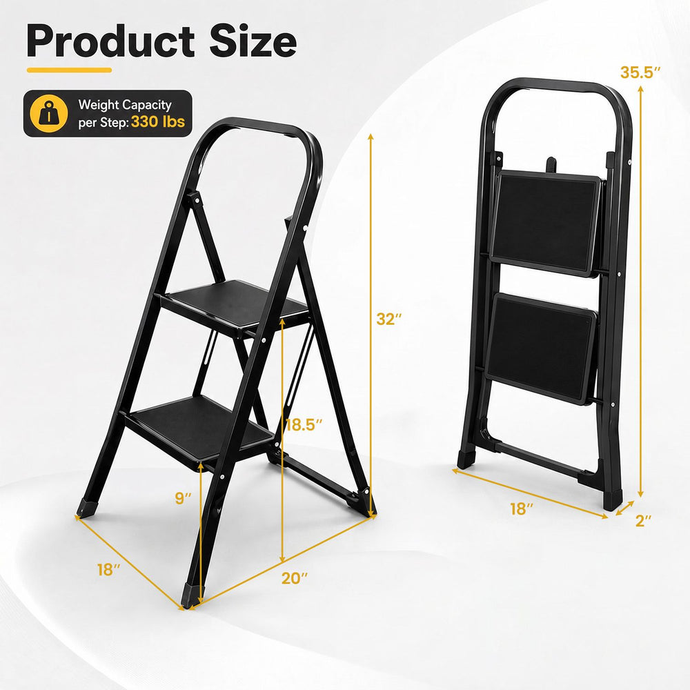 Folding 2 step ladder with handrail, 330 lbs capacity, featuring wide anti-slip pedals for safe use in tight spaces.