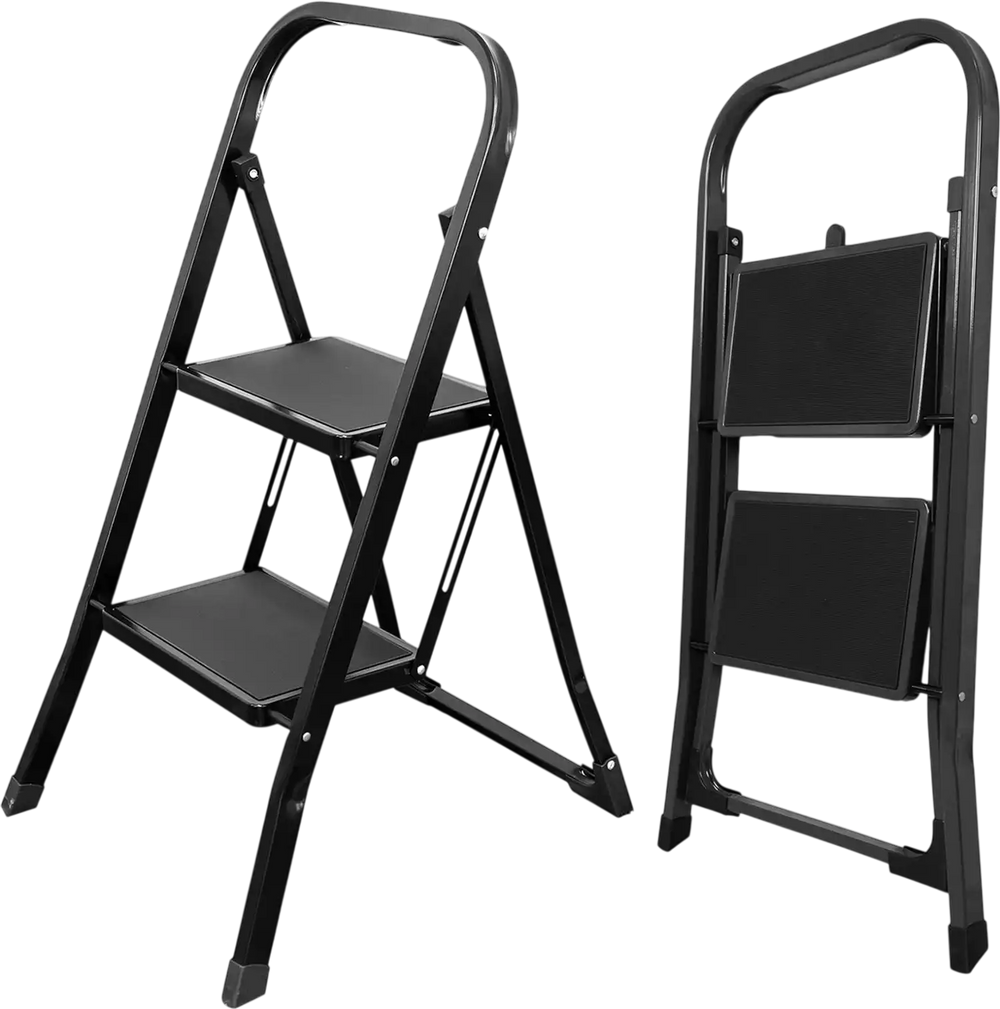 Folding 2 step ladder with handrail, wide anti-slip pedals, and 330 lbs capacity for safe and easy access to high places.