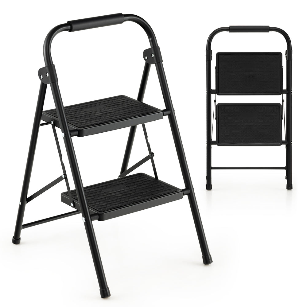 2-step ladder with wide anti-slip pedals, heavy-duty metal frame, and compact folding design for easy storage.