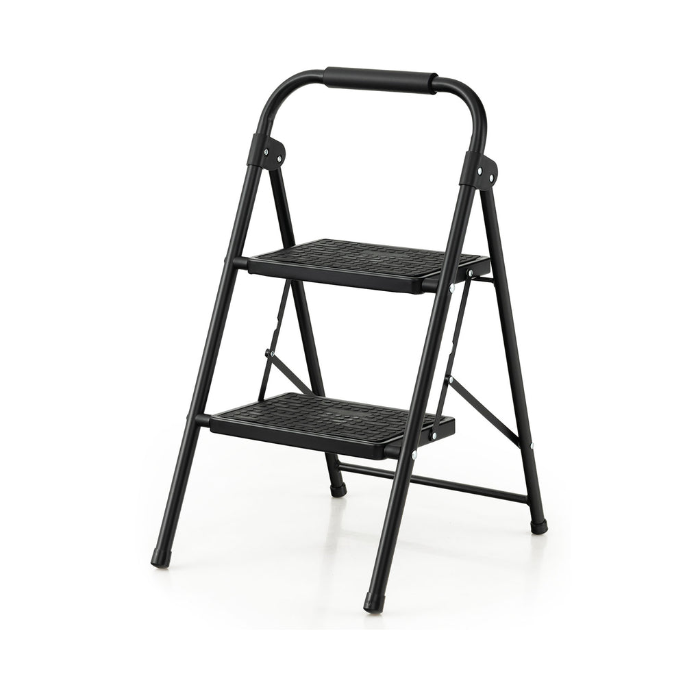2-step ladder with wide anti-slip pedals, heavy-duty metal frame, and EVA foam padded handle for home and office use.