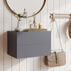 Gray wall-mounted floating nightstand with 2 storage drawers and wide tabletop, ideal for bedroom or living room use.