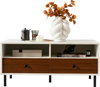Modern rectangle coffee table with white and wood finish, featuring 2 drawers and shelves for stylish storage in living.