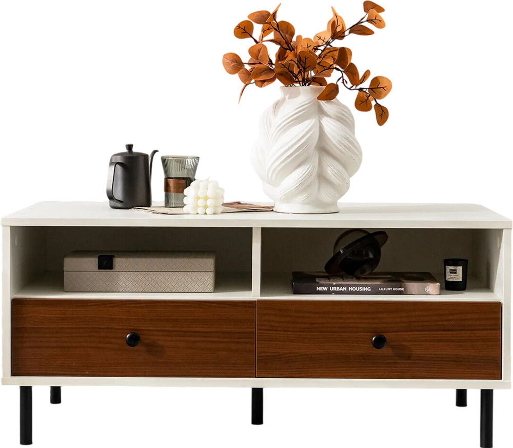 Modern rectangle coffee table with white and wood finish, featuring 2 drawers and shelves for stylish storage in living.