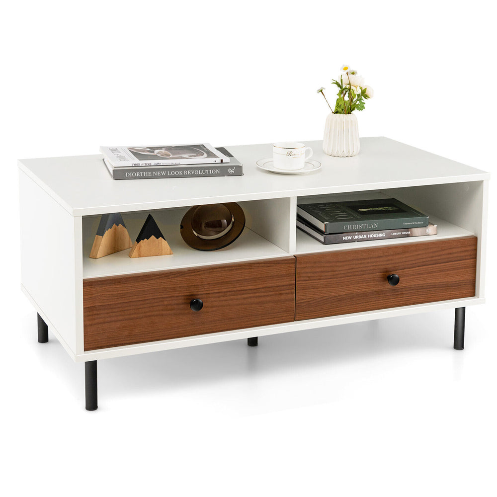 Modern rectangle coffee table with white finish, wood drawers, and storage shelves, ideal for living rooms or bedrooms.