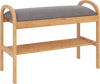 Bamboo shoe bench with gray padded cushion, featuring a 2-tier slatted shelf for ample storage in entryway or hallway.