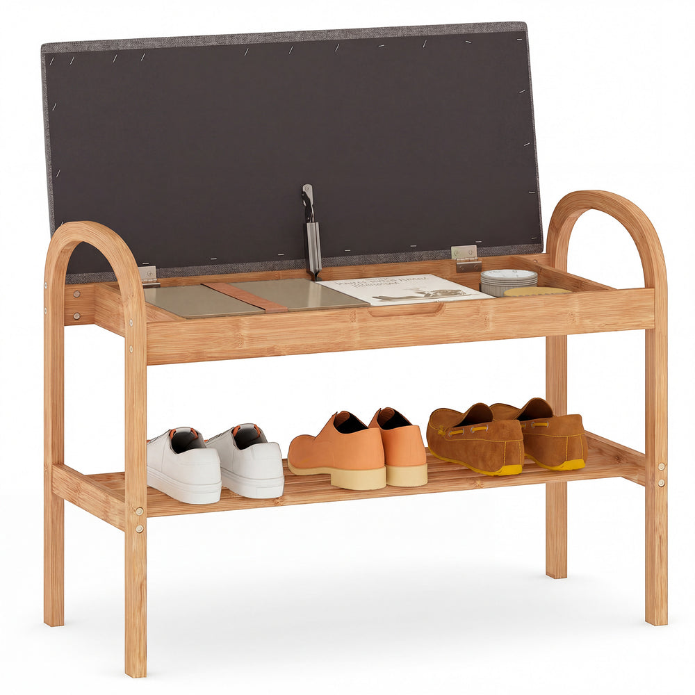 2-tier bamboo shoe bench with gray padded cushion, featuring a hidden storage compartment and ample shoe space.