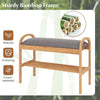 Bamboo shoe bench with gray padded cushion, featuring a slatted shelf for storage, ideal for entryway or hallway use.