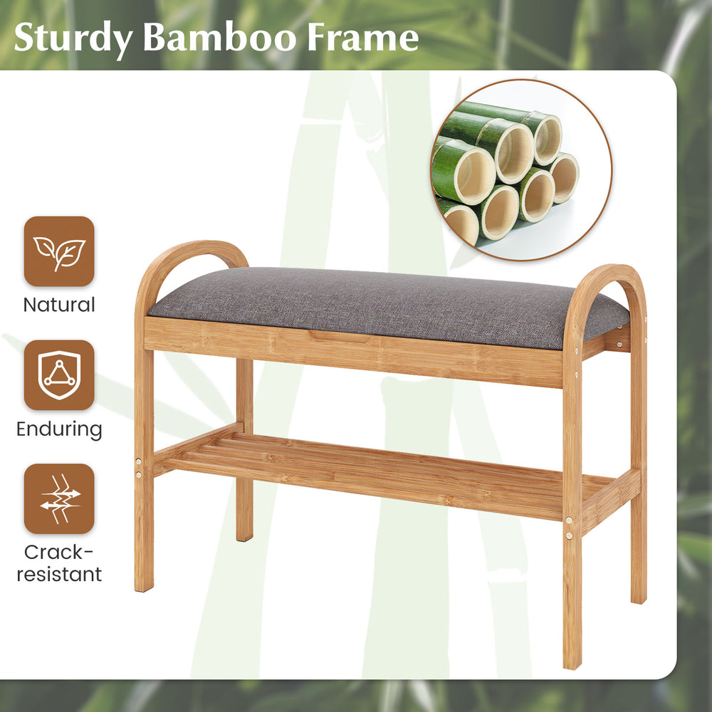 Bamboo shoe bench with gray padded cushion, featuring a slatted shelf for storage, ideal for entryway or hallway use.