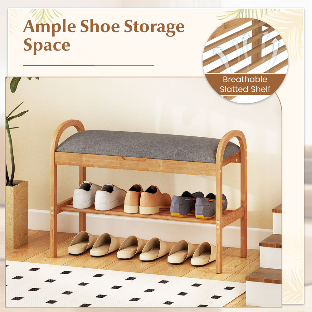 2-tier bamboo shoe bench with gray padded cushion and slatted shelf, perfect for hallway storage and seating.