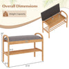 2-tier bamboo shoe bench with gray padded cushion, featuring a slatted shelf for ample storage and sturdy design.