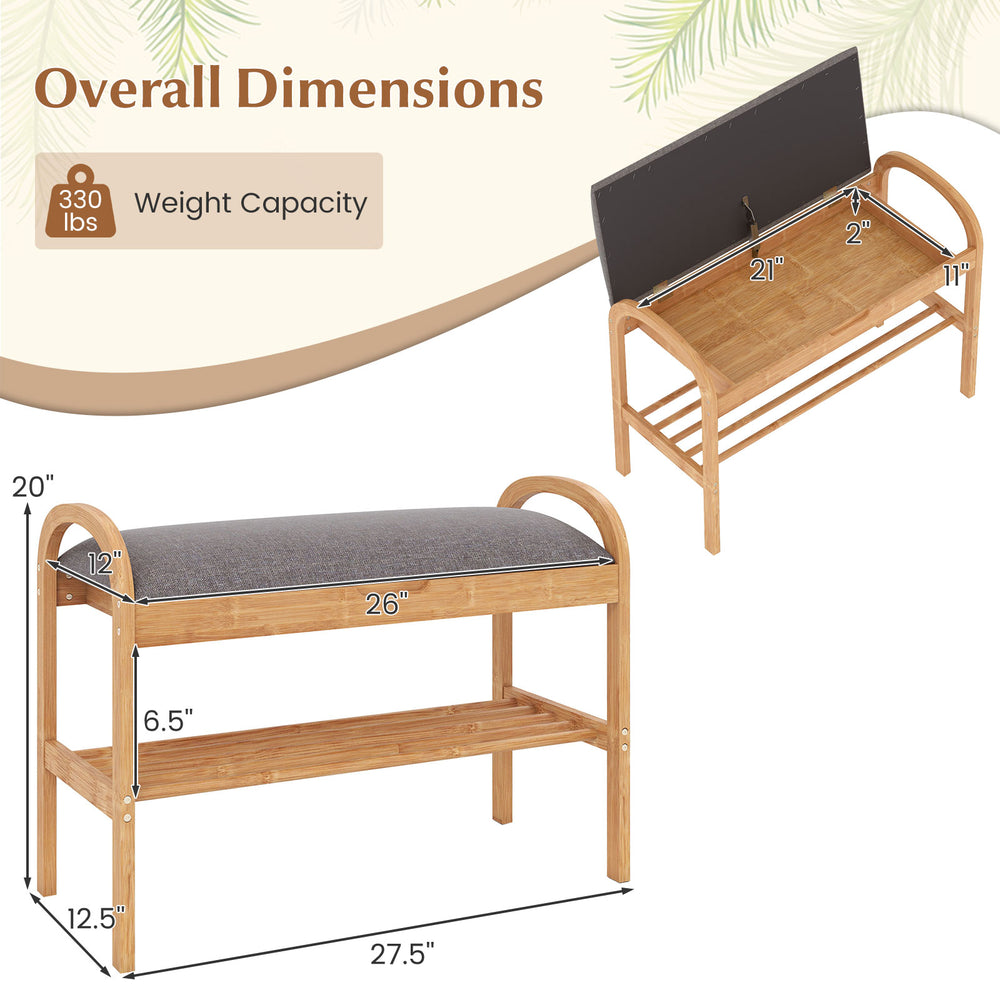 2-tier bamboo shoe bench with gray padded cushion, featuring a slatted shelf for ample storage and sturdy design.