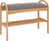 Bamboo shoe bench with gray padded cushion and slatted shelf, perfect for entryway or hallway seating and storage.