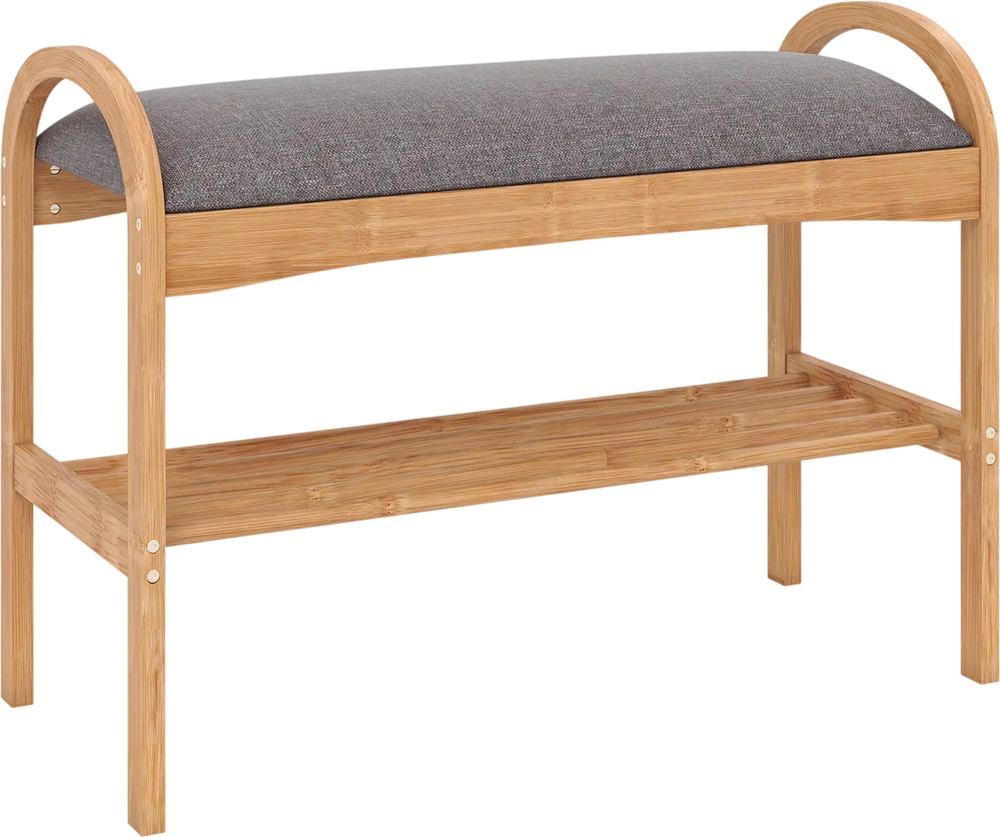 Bamboo shoe bench with gray padded cushion and slatted shelf, perfect for entryway or hallway seating and storage.