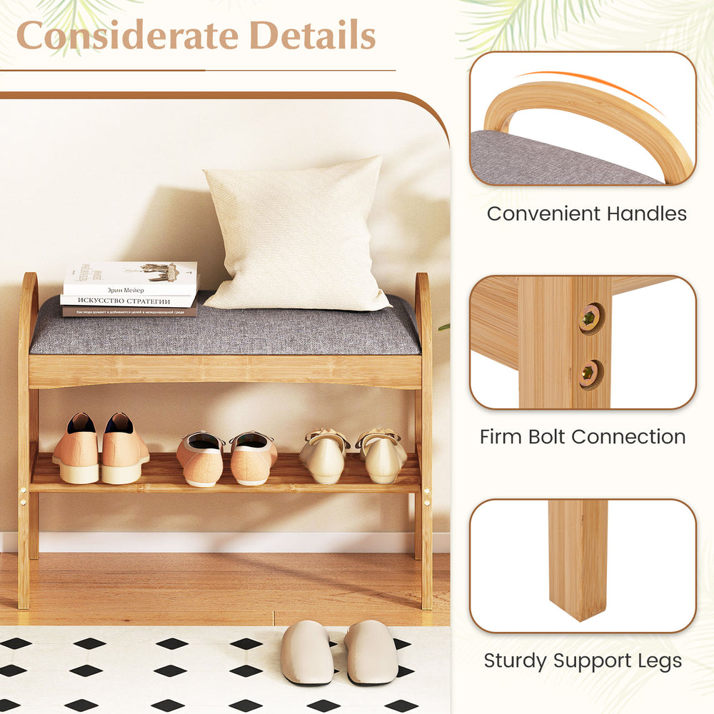 2-tier bamboo shoe bench with gray padded cushion, sturdy legs, and convenient handles for entryway seating and storage.