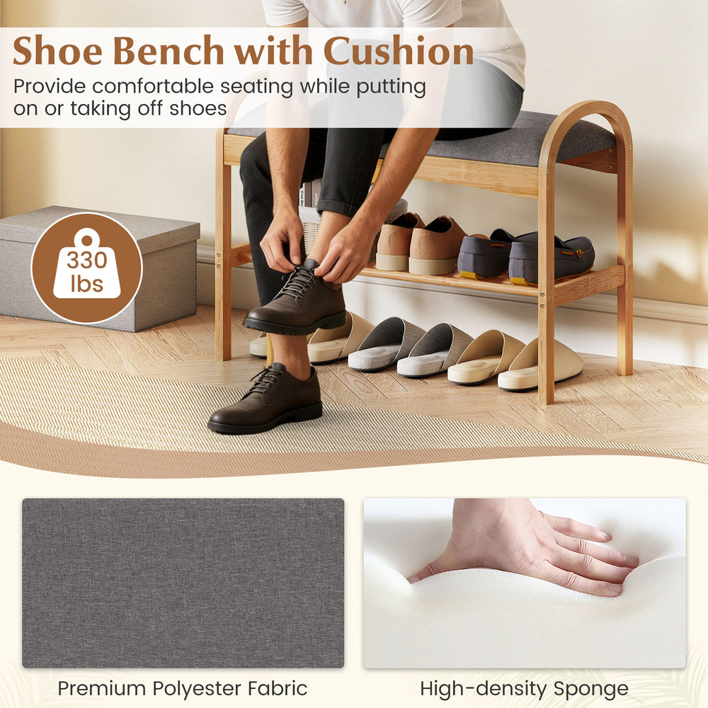 2-tier bamboo shoe bench with gray padded cushion, featuring a breathable shelf for ample shoe storage and comfortable.