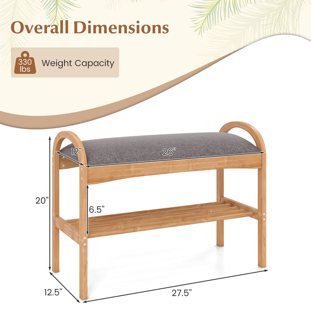 2-tier bamboo shoe bench with gray padded cushion, slatted shelf, and sturdy support for hallway or entryway use.
