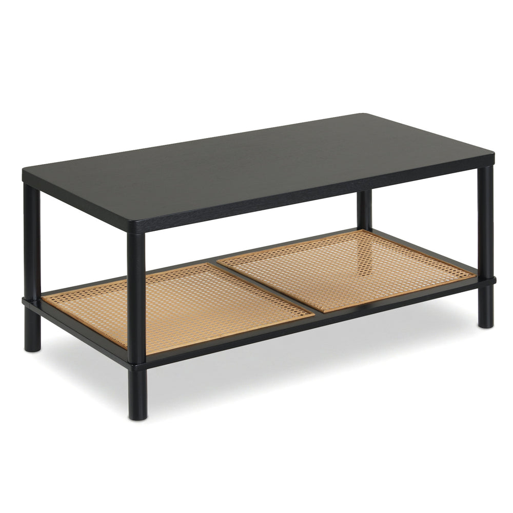 Boho coffee table showcasing a wide black tabletop and open rattan shelf, perfect for stylish living room storage.