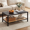 Rectangular 2-tier coffee table with black rubber wood frame and PVC rattan shelf, perfect for living room organization.