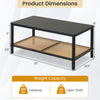 Rectangular 2-tier boho coffee table with rubber wood frame and PVC rattan shelf, ideal for living room organization.