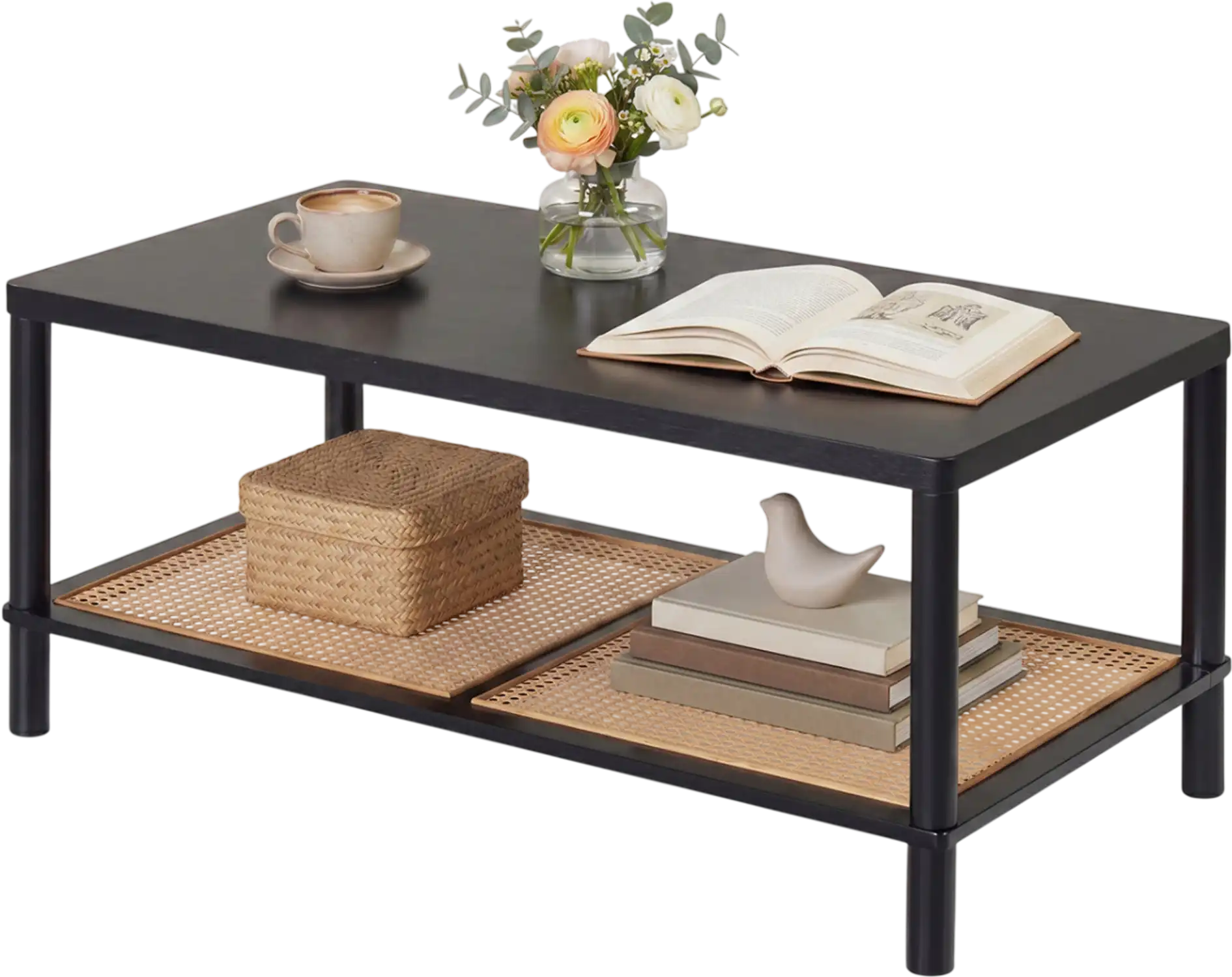 Costway 2-Tier Boho Coffee Table Rectangular Center Table w/ Rattan Shelf 33423418 New