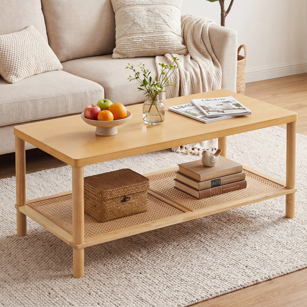 2-Tier Boho Coffee Table for Living Room Rectangular Center Table with Rubber Wood Frame and PVC Rattan Storage Shelf-Natural - Gallery View 1 of 11