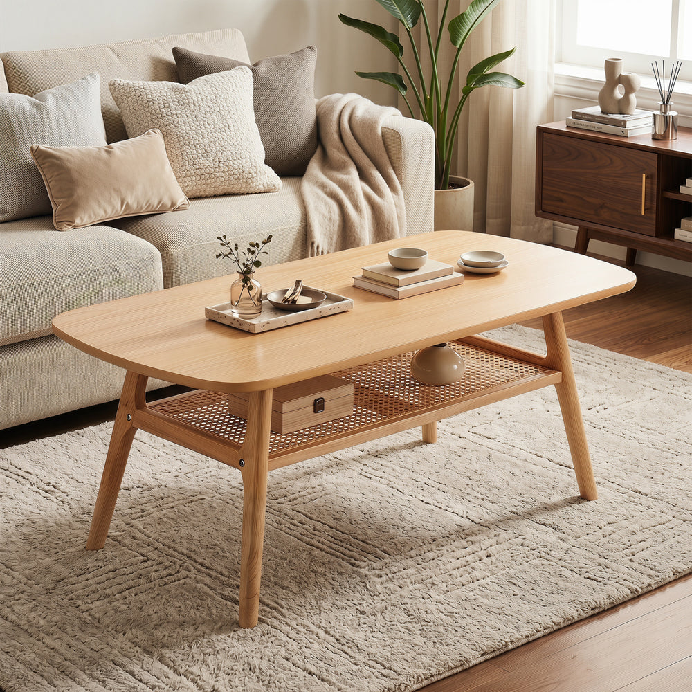 2-Tier Boho Rattan Coffee Table with Rounded Corners-Natural - Gallery View 1 of 10