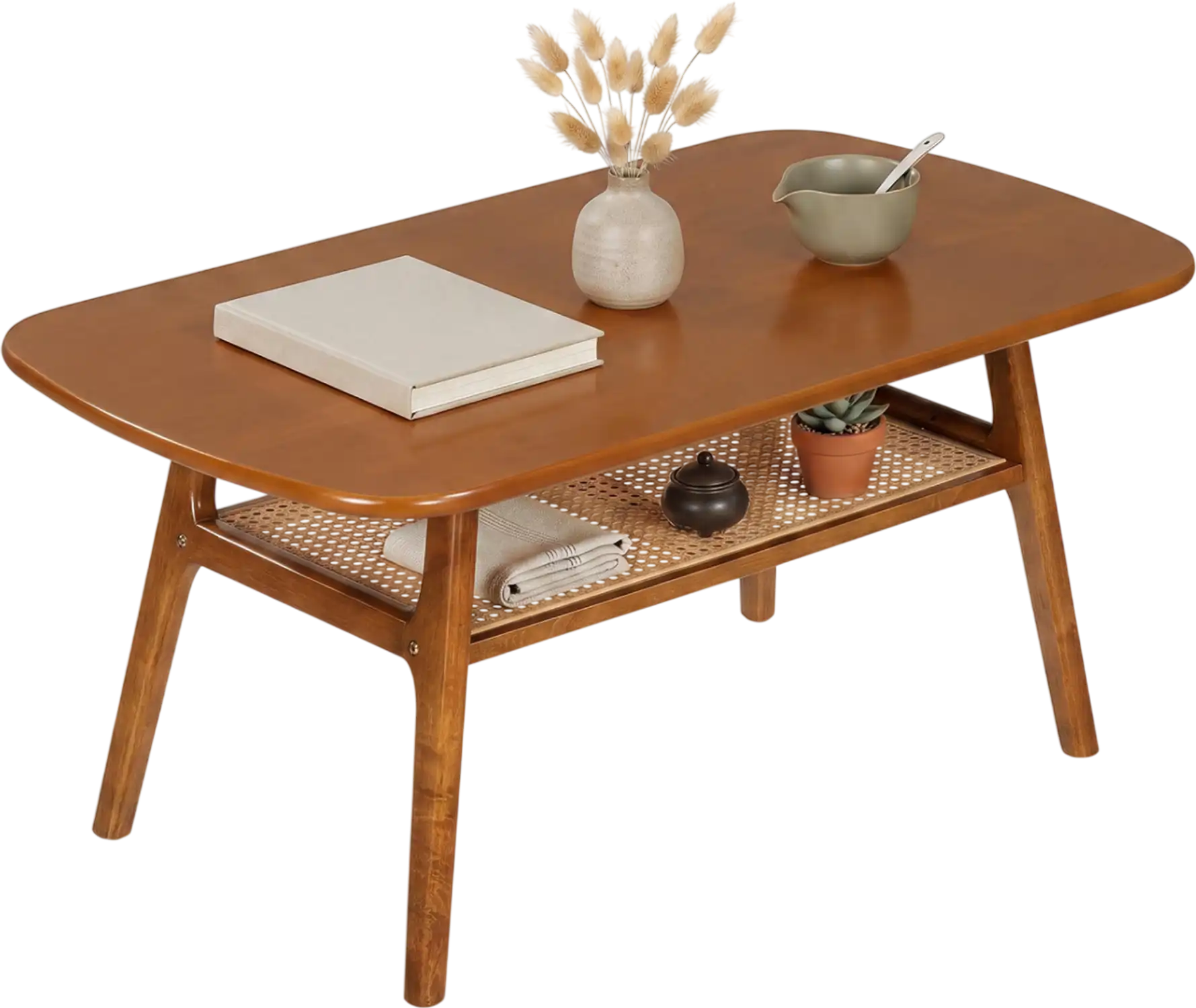 Costway 2-Tier Boho Rattan Coffee Table Rounded Corners 70100862 New