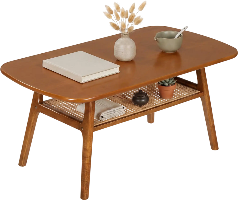 Boho rattan coffee table with rounded corners, walnut finish, showcasing a woven shelf and ample space for decorative items.