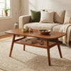 2-tier walnut coffee table with rounded corners and a rattan woven shelf, perfect for rustic living room decor.