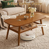 2-tier boho rattan coffee table with rounded corners, walnut finish, spacious tabletop, and open shelf for stylish storage.