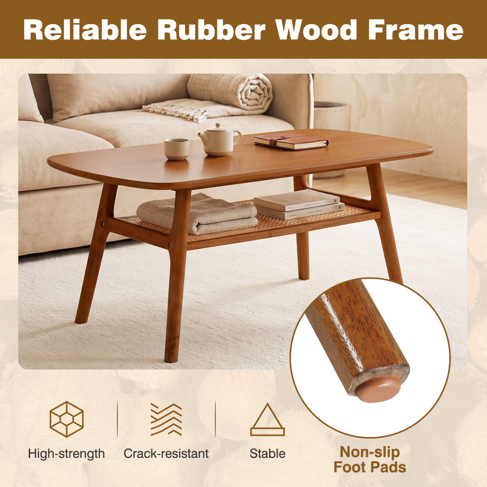 2-tier boho rattan coffee table with rounded corners, walnut finish, and a reliable rubber wood frame for stable use.