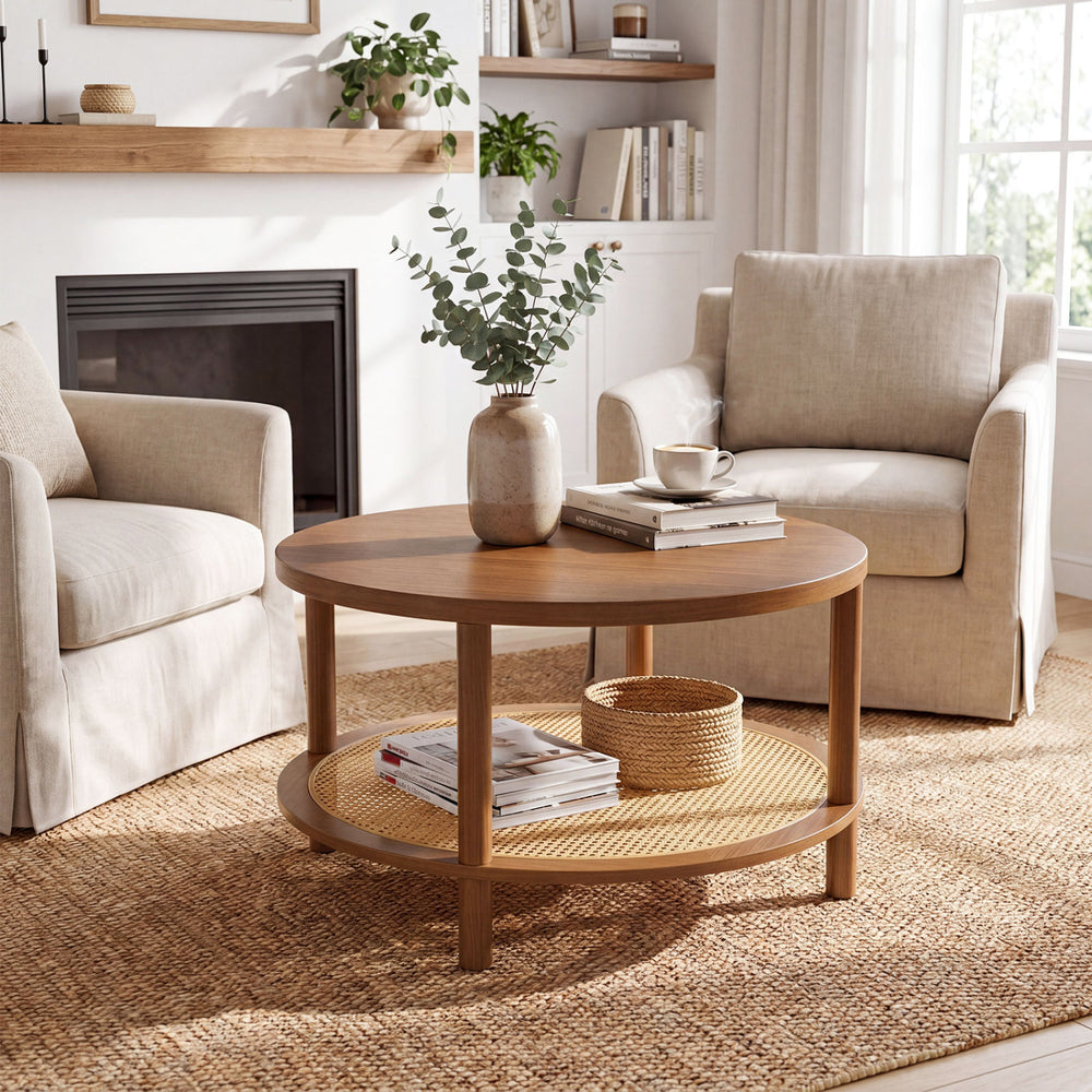 Round rattan coffee table in walnut with a storage shelf, perfect for stylish living room decor.