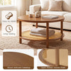 Round rattan coffee table in walnut with a wood-textured tabletop and open storage shelf for stylish living room decor.