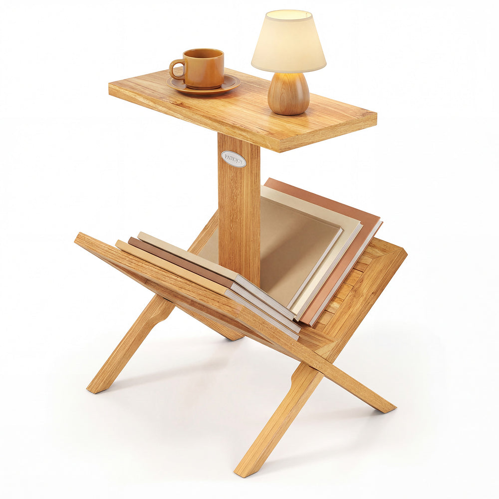 2-tier side table with a teak wood frame, featuring a sturdy top for magazines and a coffee cup, ideal for living.