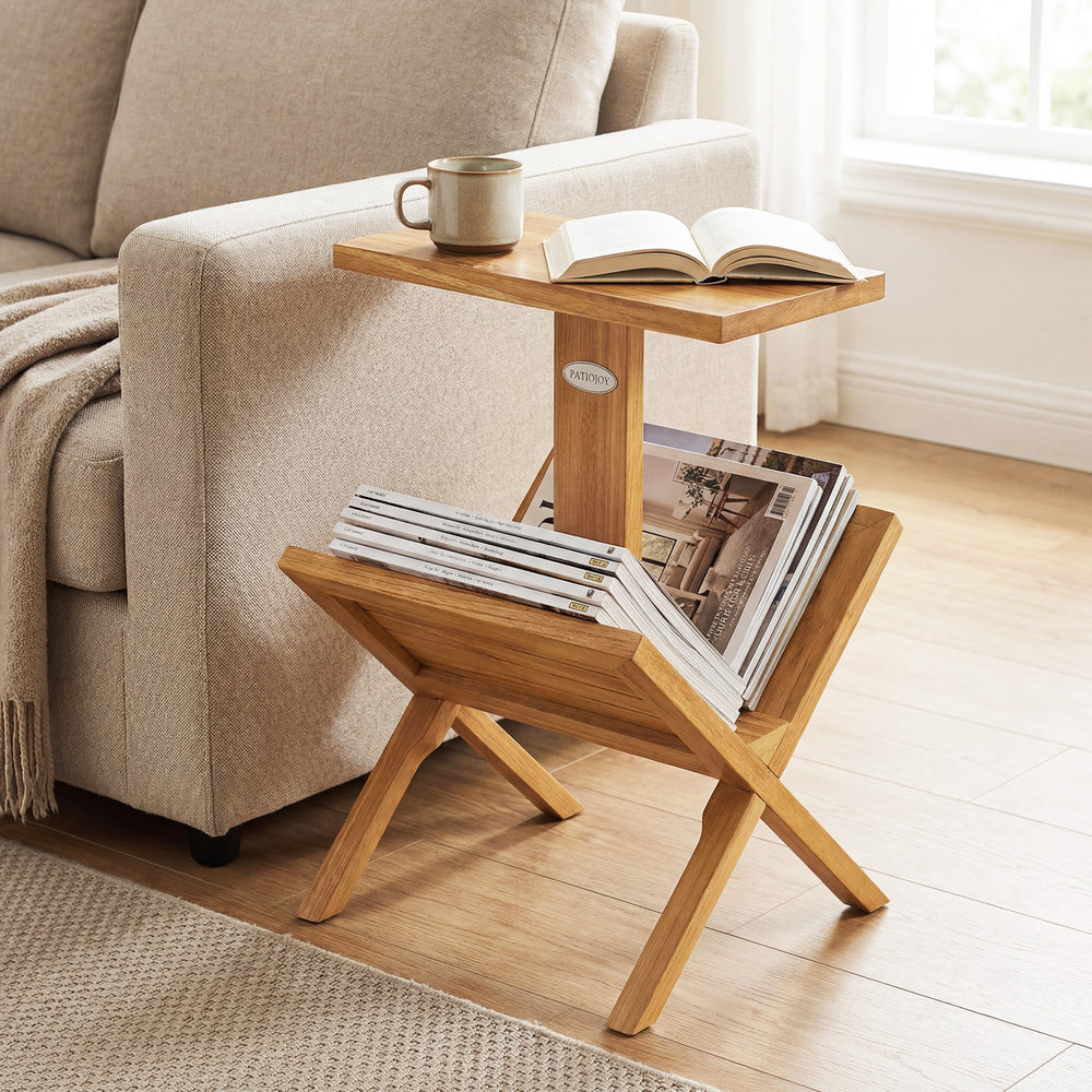 2-tier side table magazine rack with solid teak wood frame, featuring a sturdy tabletop and ample storage for magazines.