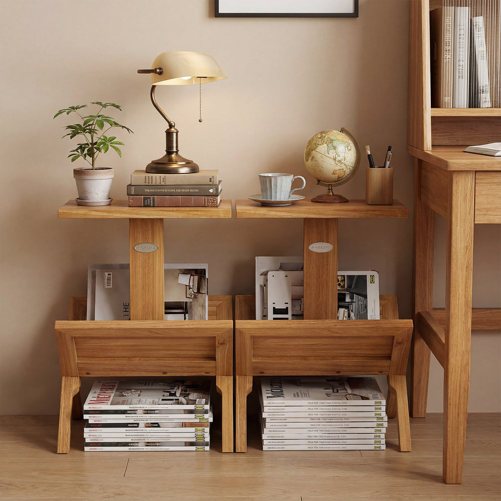 2-tier side table magazine rack with solid teak wood frame, featuring ample storage for books and decor in a stylish.