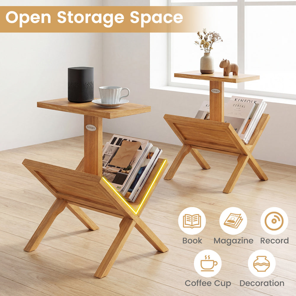 2-tier side table with teak wood frame, featuring open storage for books and magazines, perfect for living room use.