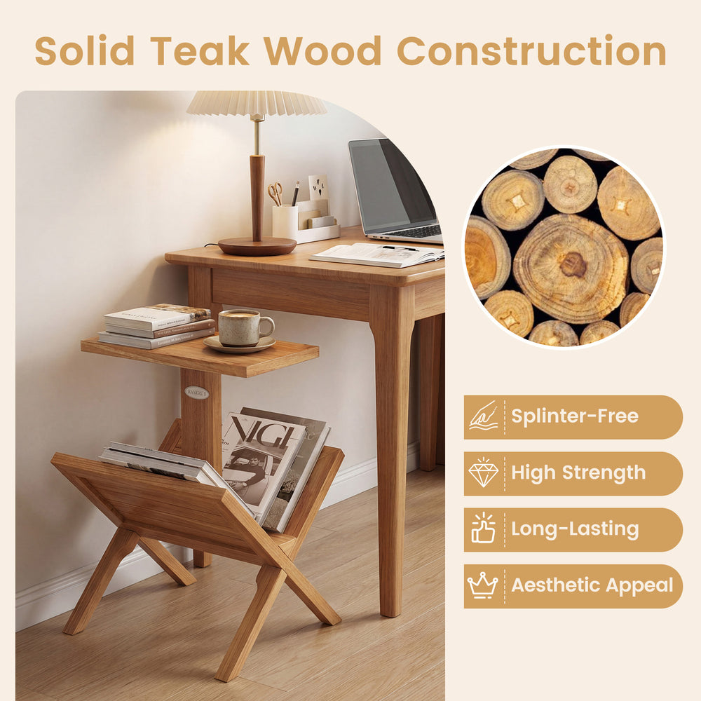 2-tier side table magazine rack made of solid teak wood, featuring a sturdy 0.8" thick tabletop for versatile use.