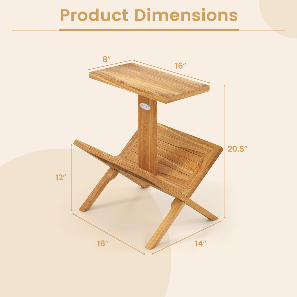 2-tier side table with teak wood frame, featuring dimensions for versatile use as an accent or end table.