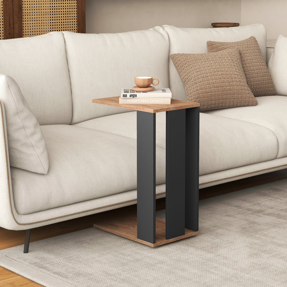 C-shaped side table in rustic brown with dual-level storage and universal wheels, perfect for living room or bedroom.