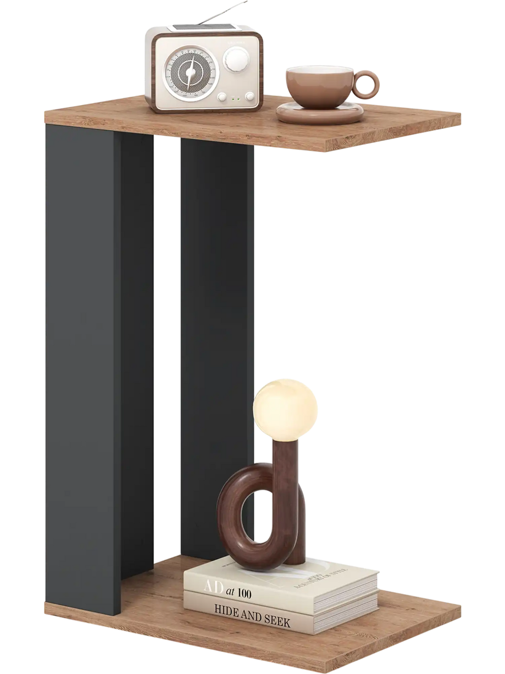 C-shaped side table in rustic brown with dual-level storage, 360° wheels, perfect for living room or bedroom use.