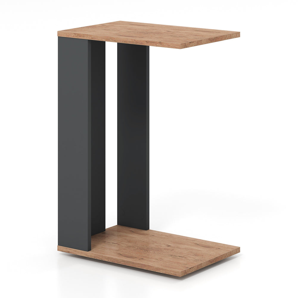 C-shaped side table in rustic brown with dual-level storage and universal wheels, perfect for versatile living spaces.