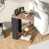 C-shaped side table in rustic brown with 360° wheels, featuring dual-level storage for versatile use in any room.