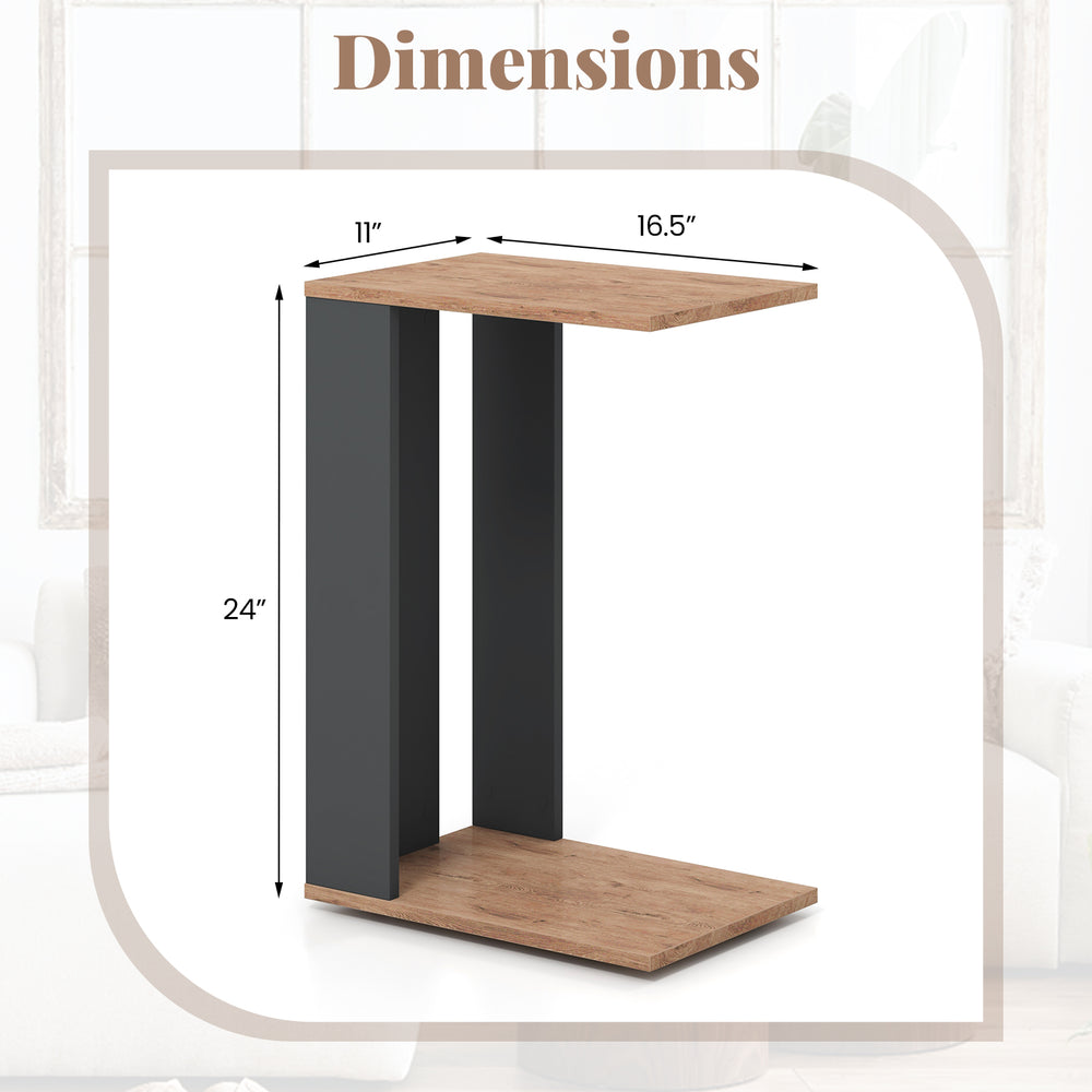 C-shaped side table with rustic brown finish, showcasing dimensions of 24" height and 16.5" width for versatile use.