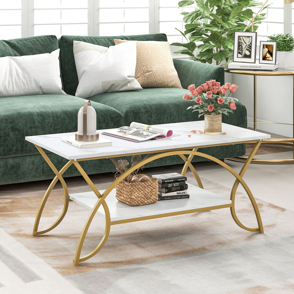 2-Tier Coffee Table Gold Rectangle for Living Room-Golden - Gallery View 1 of 10