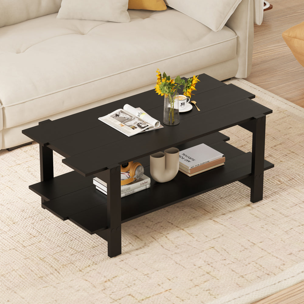 2-Tier Coffee Table Slatted Wood Center Table with Storage Shelf-Black - Gallery View 1 of 10